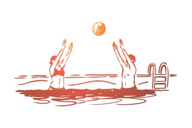 Su, Polo, top, yarışma, spor konsepti. El çizilmiş izole vektör.