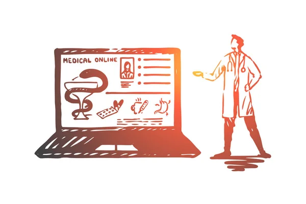 Doutor, online, medicina, laptop, conceito de serviço. Vetor isolado desenhado à mão . — Vetor de Stock