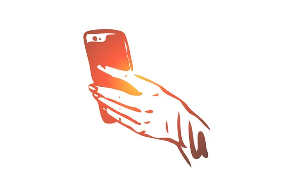 Smartphone, mano, schermo, dito, concetto mobile. vettore isolato disegnato a mano . — Vettoriale Stock