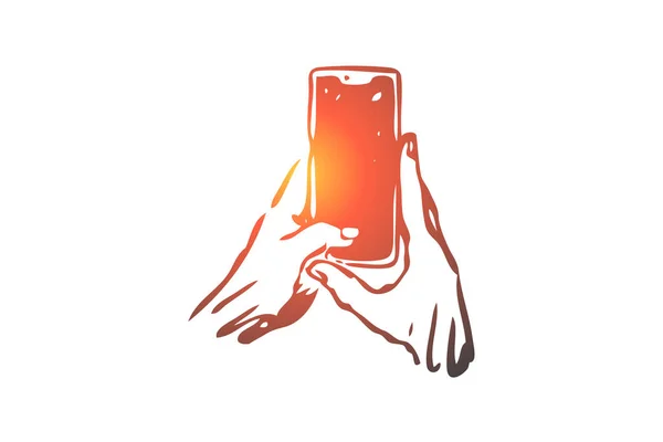 Smartphone, hand, typen, scherm, gadget concept. Hand getrokken geïsoleerde vector. — Stockvector