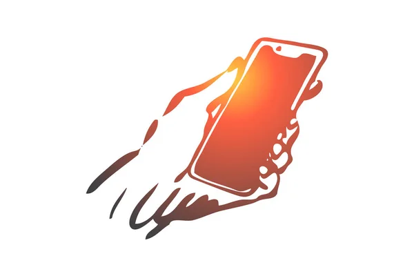 Telefoon, scherm, mobiel, hand, apparaat, digitaal concept. Hand getrokken geïsoleerde vector. — Stockvector