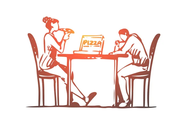 Pizza, kawiarnia, para, stół, randki koncepcji. Ręcznie rysowane wektor na białym tle. — Wektor stockowy