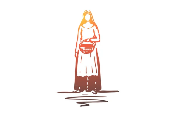 Medieval, mujer, vestido, traje, concepto antiguo. Vector aislado dibujado a mano . — Vector de stock