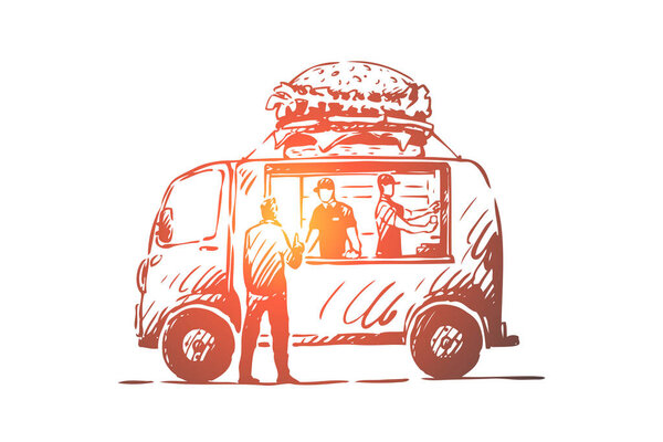 Burger, car, fast food, shop, truck concept. Hand drawn isolated vector.