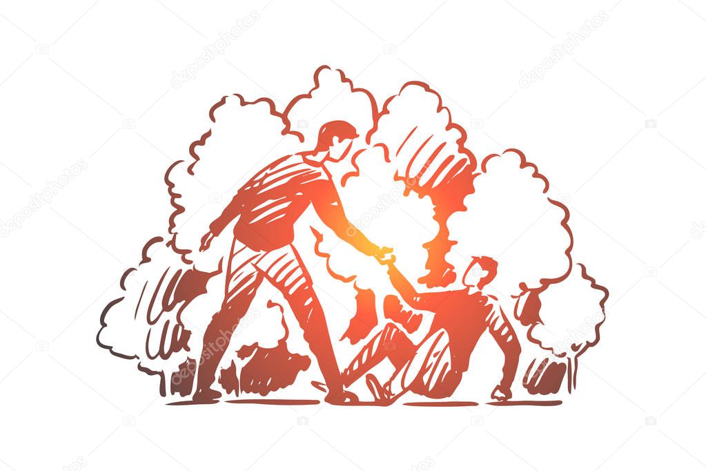Help, fall, man, accident, people concept. Hand drawn isolated vector.