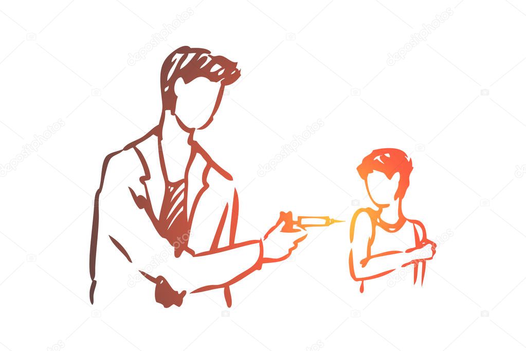 Kid, doctor, vaccine, injection, boy concept. Hand drawn isolated vector.
