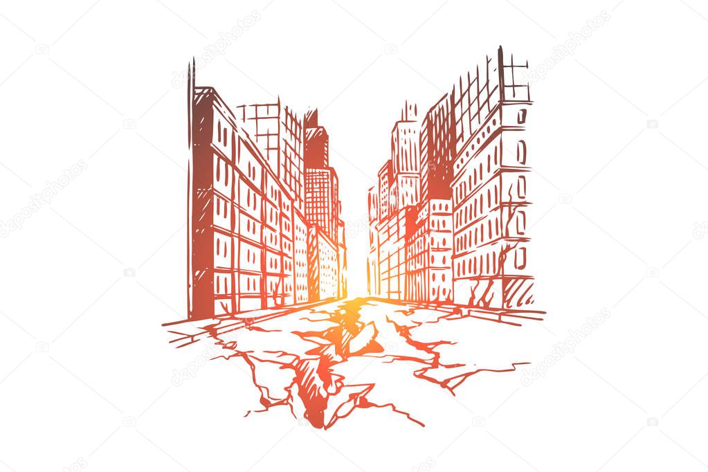 Earthquake, city, disaster, damage, danger concept. Hand drawn isolated vector.