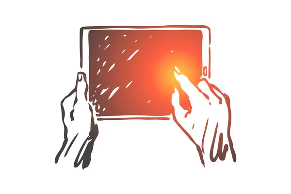 Tableta, pantalla, manos, asimiento, concepto de la exhibición. Vector aislado dibujado a mano . — Vector de stock