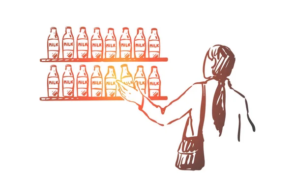 Mjölk, butik, kund, butiks flaska koncept. Handritad isolerad vektor. — Stock vektor