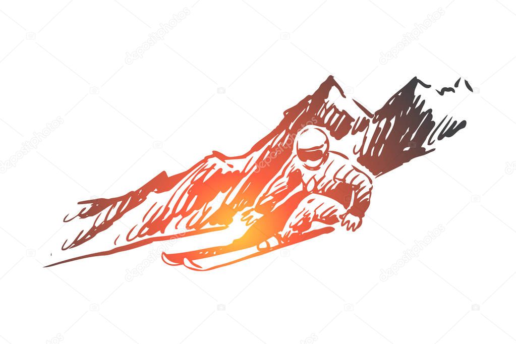 Ski, snow, winter, sport, extreme concept. Hand drawn isolated vector.