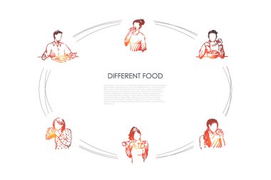 Different food - people eating various dishes and food from hands and plates vector concept set clipart