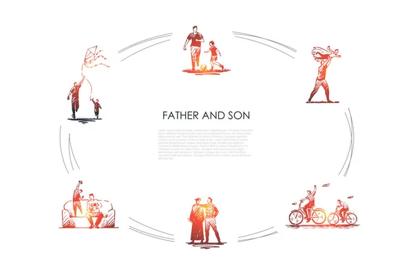 Padre e hijo - padre e hijo jugando al fútbol, montar en bicicleta, kite, jugar en la naturaleza y en casa vector concepto conjunto — Vector de stock
