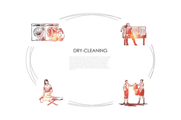 Limpeza a seco - engomar, limpeza química, lavagem de máquinas, conjunto de conceito de vetor de secagem — Vetor de Stock