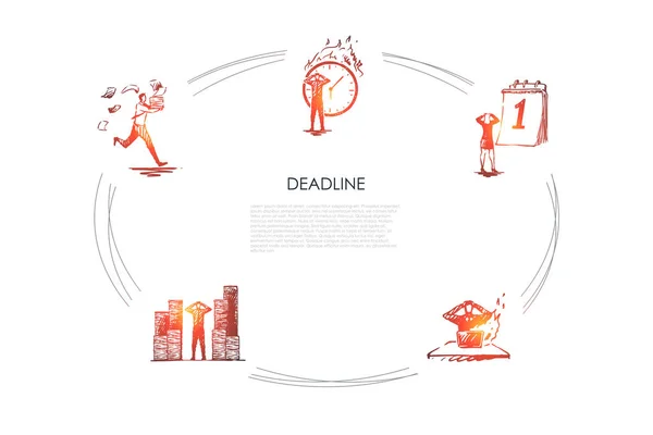 Plazo: gente de negocios que se apresura en el cargo debido al conjunto de conceptos de vectores de plazos — Archivo Imágenes Vectoriales