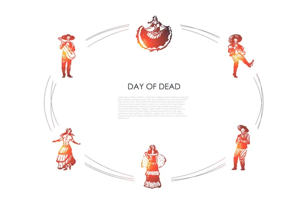 Kuolleiden päivä - kuolleiden luurankoja puvuissa tanssimassa ja soittamassa soittimia vektorikonsepti — vektorikuva