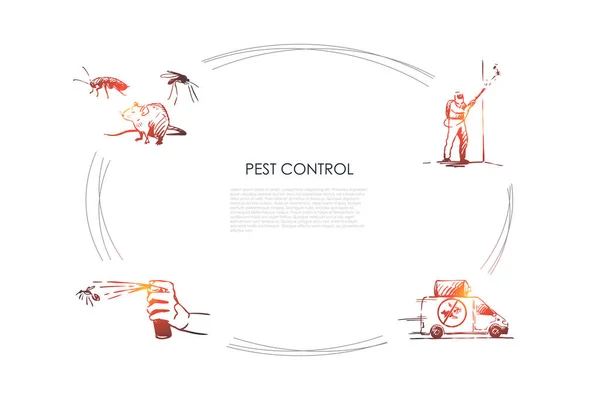 Pest control - мышь, спрей и специальный рабочий борется с векторным набором вредителей — стоковый вектор