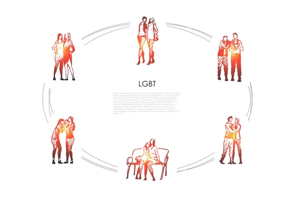 LGBT - Lezbiyen ve gay çocuklu aileler vektör kavram kümesi — Stok Vektör