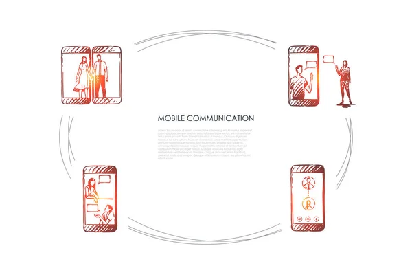 Comunicação móvel - tela do telefone móvel e comunicação de pessoas nele conjunto de conceito de vetor —  Vetores de Stock