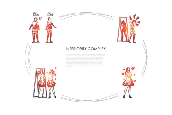 Inferiority complex - women with inferiority complex not satisfied with weight and appearance vector concept set — Stock Vector