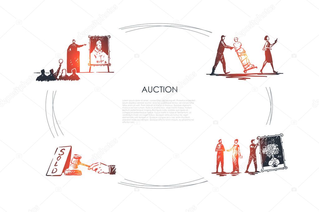 Auction - bidding, carrying artworks, hammering sale, art gallery vector concept set