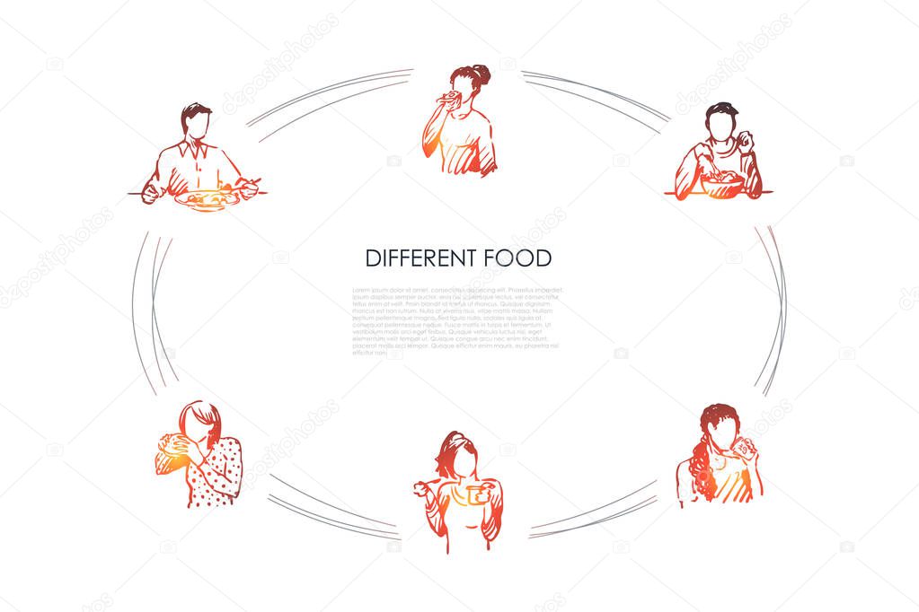 Different food - people eating various dishes and food from hands and plates vector concept set