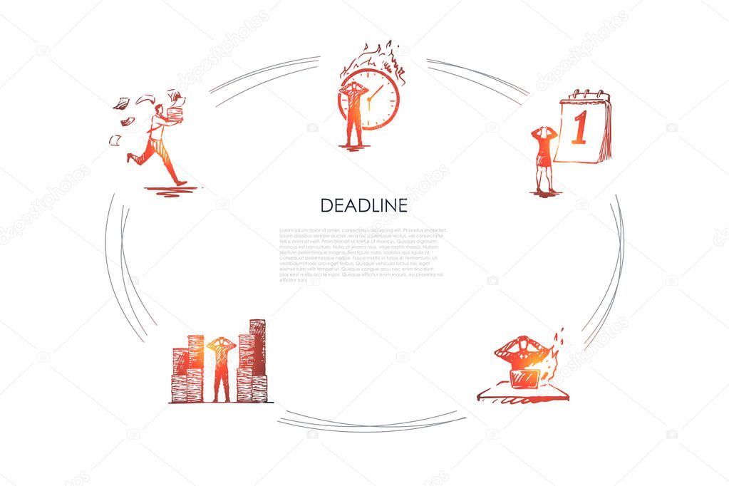 Deadline - business people hurrying up in office because of deadlines vector concept set