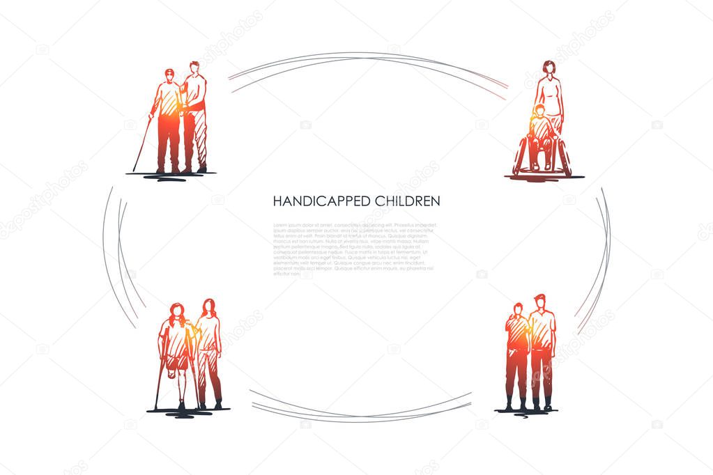 Handicapped children - blind and disabled children without leg or hand vector concept set