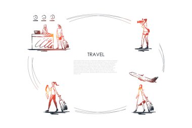 Travel - women making photo, traveling by plane, carrying suitcase, checking in in hotel vector concept set clipart