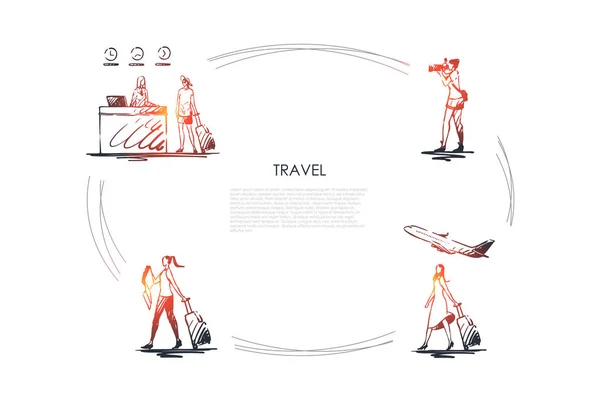 Voyage - femmes faisant des photos, voyageant en avion, portant une valise, arrivant à l'hôtel ensemble de concept vectoriel — Image vectorielle