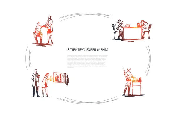 การทดลองทางวิทยาศาสตร์ พนักงานทางการแพทย์ทําการทดลองด้วยเลือดและการทดสอบในชุดแนวคิดเวกเตอร์ห้องปฏิบัติการ — ภาพเวกเตอร์สต็อก