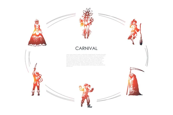 Carnaval - personas con diferentes trajes tradicionales para vacaciones especiales vector concepto conjunto — Vector de stock