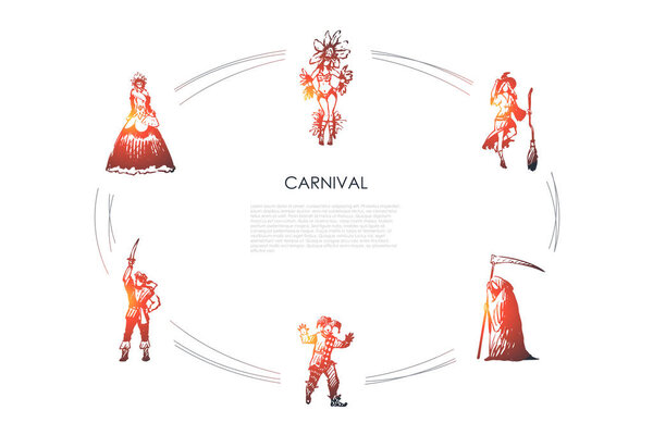 Карнавал - люди в различных традиционных костюмах для особых праздников векторный набор
