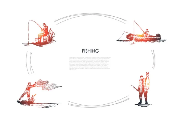 Pesca: red de fundición de pescador, caña de pescar, captura de peces, sentado en el conjunto de conceptos de vectores de barcos — Vector de stock