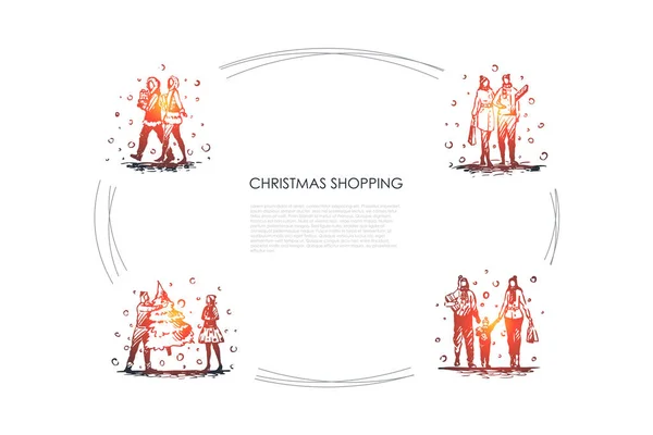 Compras de Navidad - la gente que camina con regalos de Navidad, árbol de año nuevo y bolsas vector concepto conjunto — Archivo Imágenes Vectoriales
