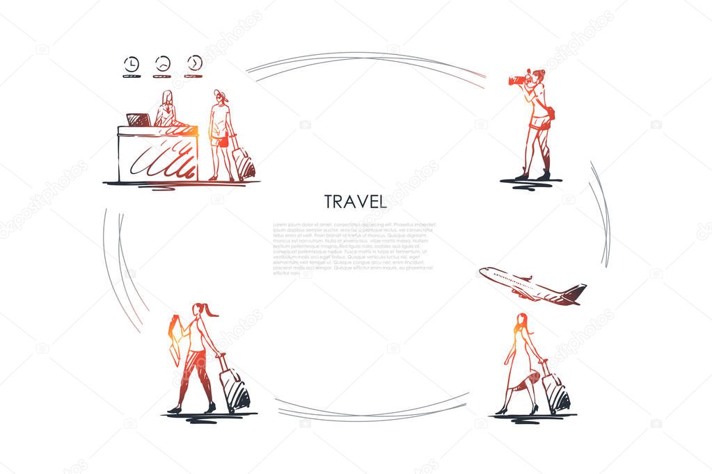 Travel - women making photo, traveling by plane, carrying suitcase, checking in in hotel vector concept set