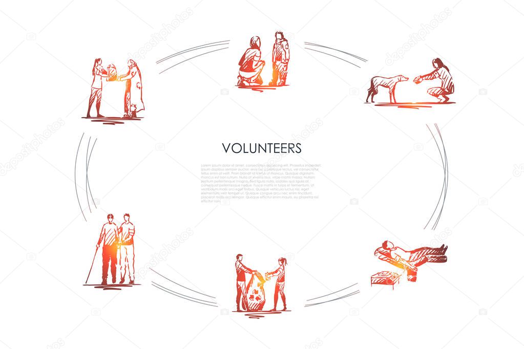 Volunteers - girls and boys helping elderly and homeless people and children, dogs, donating blood and collecting garbage vector concept set