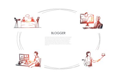 Blogger - selfie, yapma insanların videoları, düzenleme vektör çekim programı ve röportaj kavram kümesi