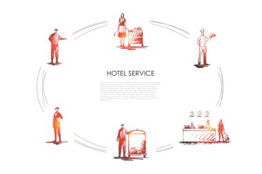 Hotel service -workers at reception, cleaning service, chef, waiter and concierge vector concept set clipart