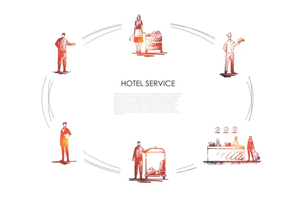 Service hôtelier travailleurs à la réception, service de nettoyage, chef, serveur et concierge vecteur concept set — Image vectorielle