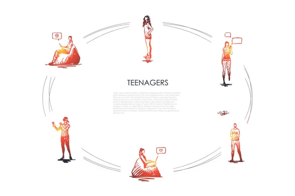 Adolescents - filles et garçons jouant avec des appareils modernes, communiquant et chevauchant ensemble vectoriel segway concept — Image vectorielle