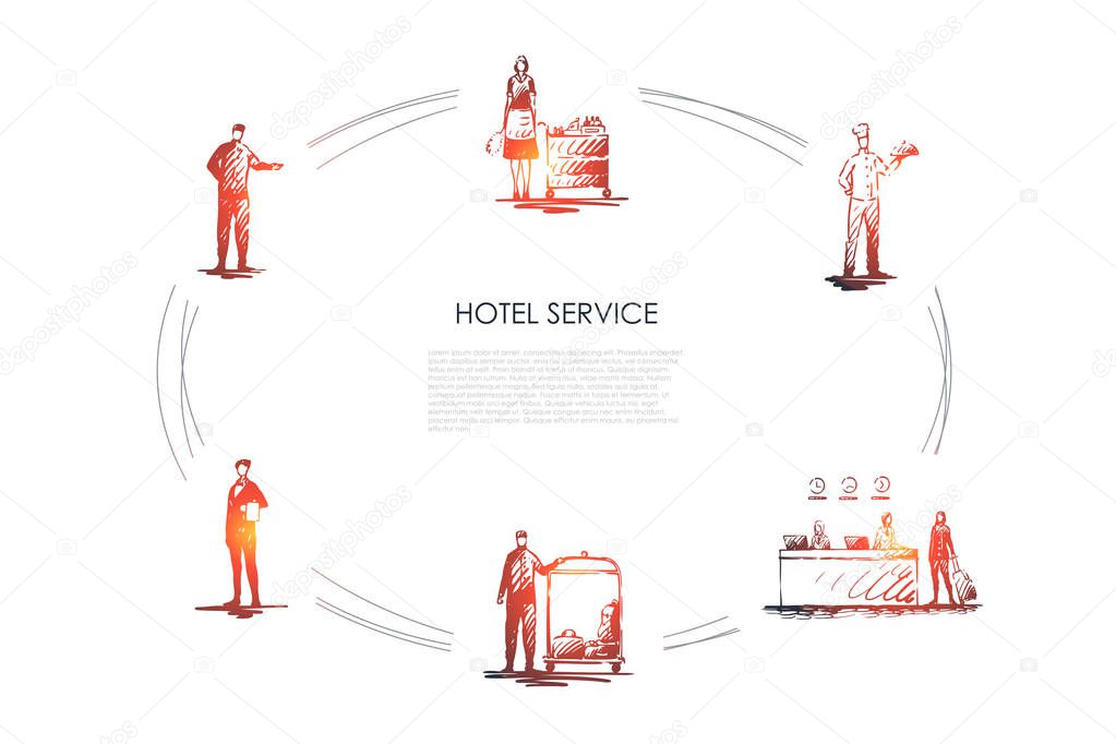 Hotel service -workers at reception, cleaning service, chef, waiter and concierge vector concept set