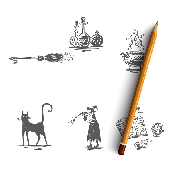 Halloween - zwarte kat, heks, GIF, potion, bezem, spell vector concept set — Stockvector