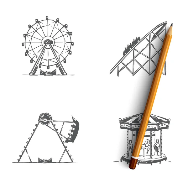 Atração - balanços e carrosséis atrações vetor conceito conjunto —  Vetores de Stock