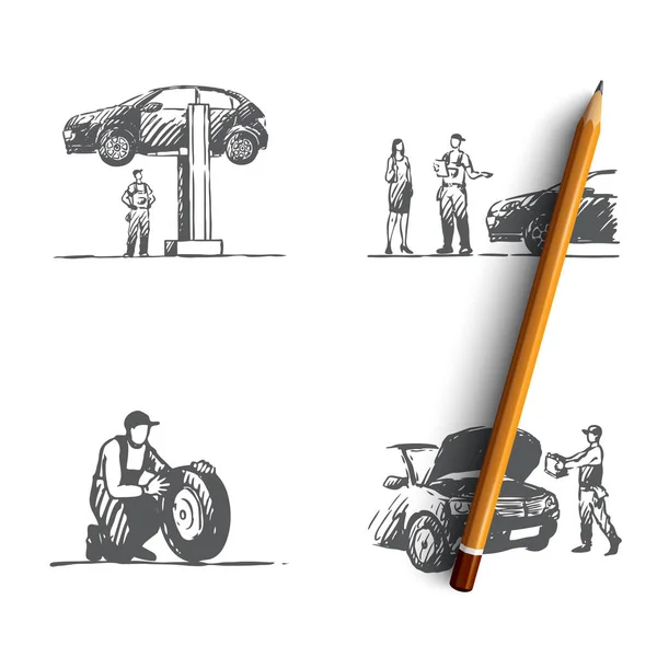 Автосервис - заказ, сканирование автомобиля, разборка авто, замена векторного набора колес — стоковый вектор