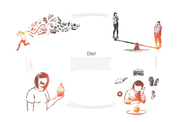 Estilo de vida saludable, pérdida de peso, control de calorías, mujer comiendo frutas y verduras, plantilla de pancarta de alimentos vegetarianos — Archivo Imágenes Vectoriales