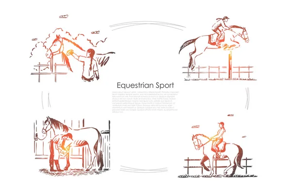 Hipódromo de carreras, jinete a caballo, jinete en silla de montar, espectáculo equino, semental en el granero banner plantilla — Vector de stock