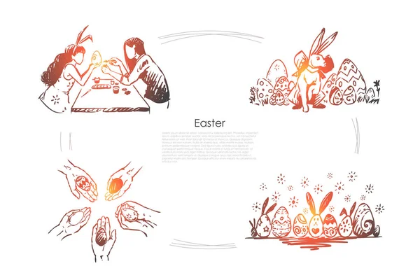 Φιλενάδες φορώντας αυτιά λαγουδάκι, αυγά διακόσμηση, παραδοσιακή εορταστική κυνήγι πρότυπο banner — Διανυσματικό Αρχείο