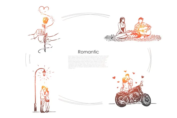 Piknikte karı koca, gitar çalan adam, kız arkadaşı ve erkek arkadaşı randevuda, tarih afişi — Stok Vektör
