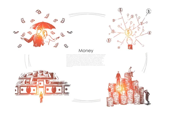 Profit, income, millionaires with umbrella under money rain, cash maze, rich people on coin stacks banner — Stock Vector