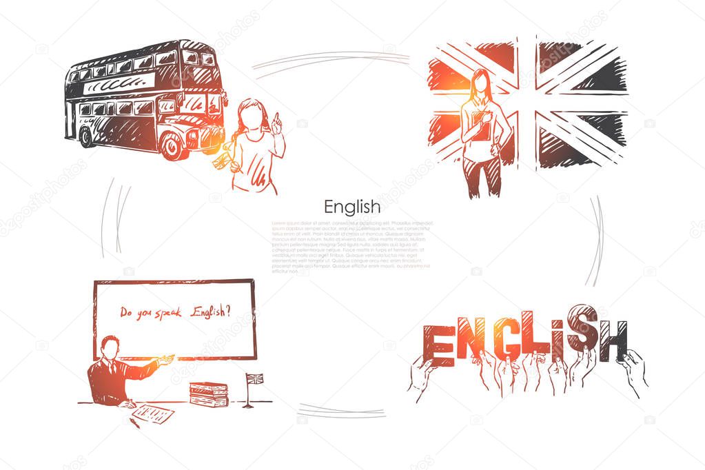 Great Britain traveling, british culture exploration, foreign study, citizenship exam, hands holding letters banner